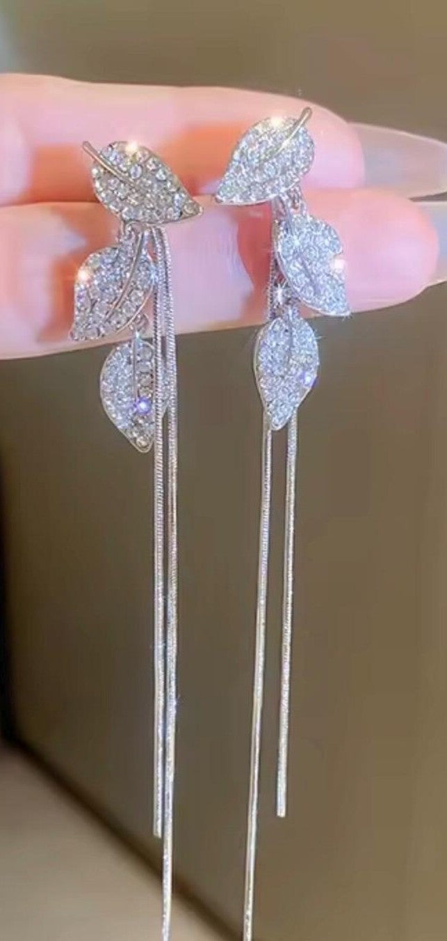 Crystal Leaf Tassel Drop Earrings