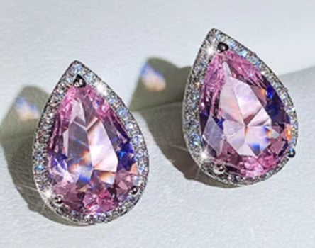 Pink Crystal Pear Shaped Stud Earrings