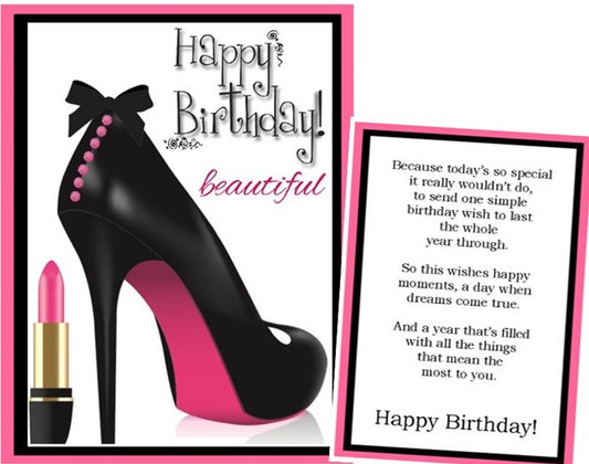 "Happy Birthday Beautiful" Postcards with High Heel and Lipstick