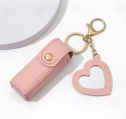 Pink Lipstick Holder Keychain with Mini Mirror