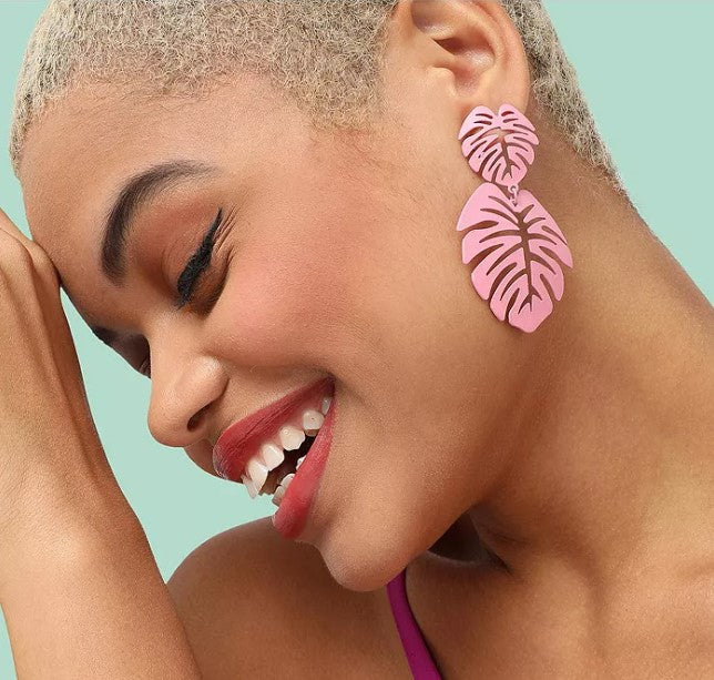 Pink Tropical Palm Leaf Earrings