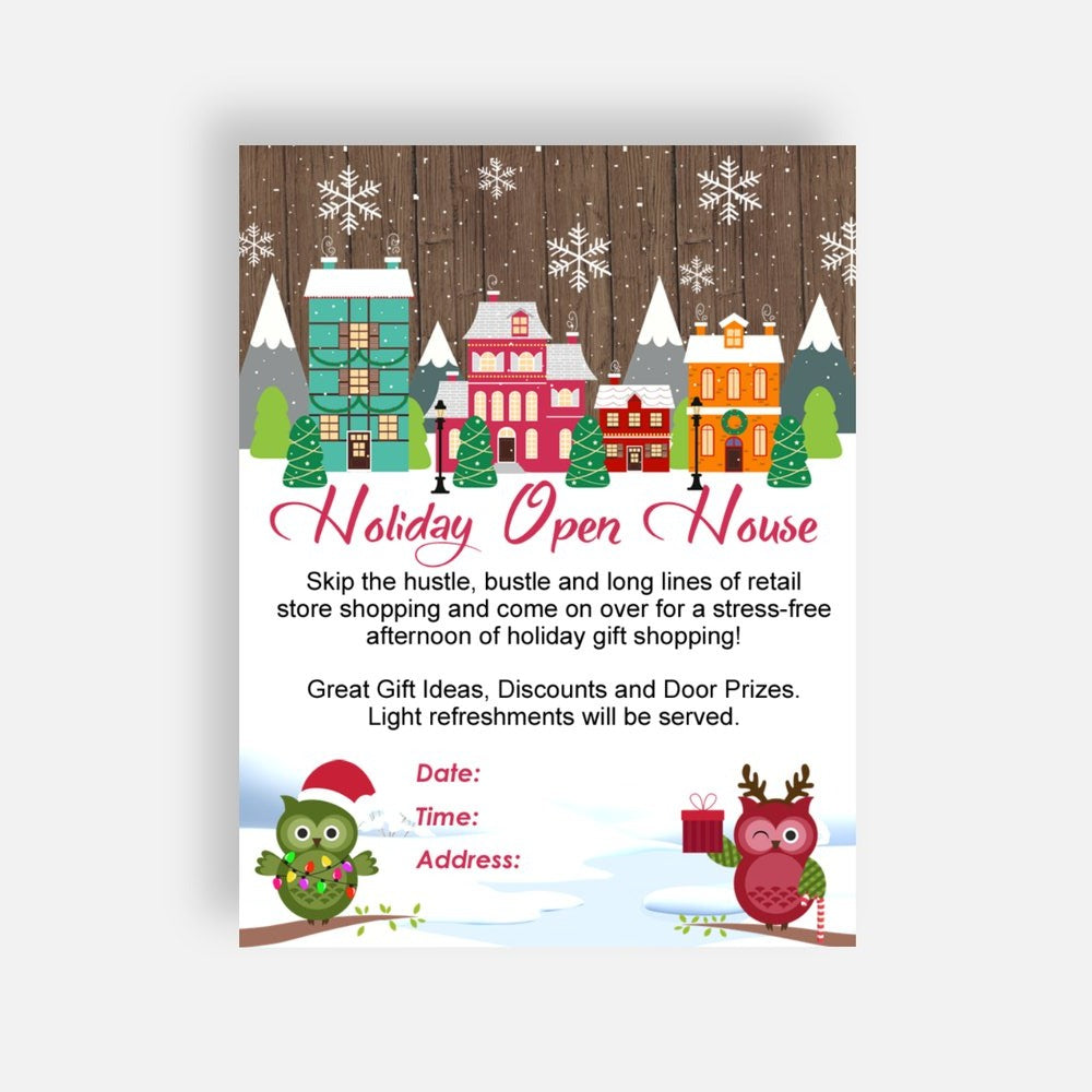 Open House Holiday Post cards with cute Owls