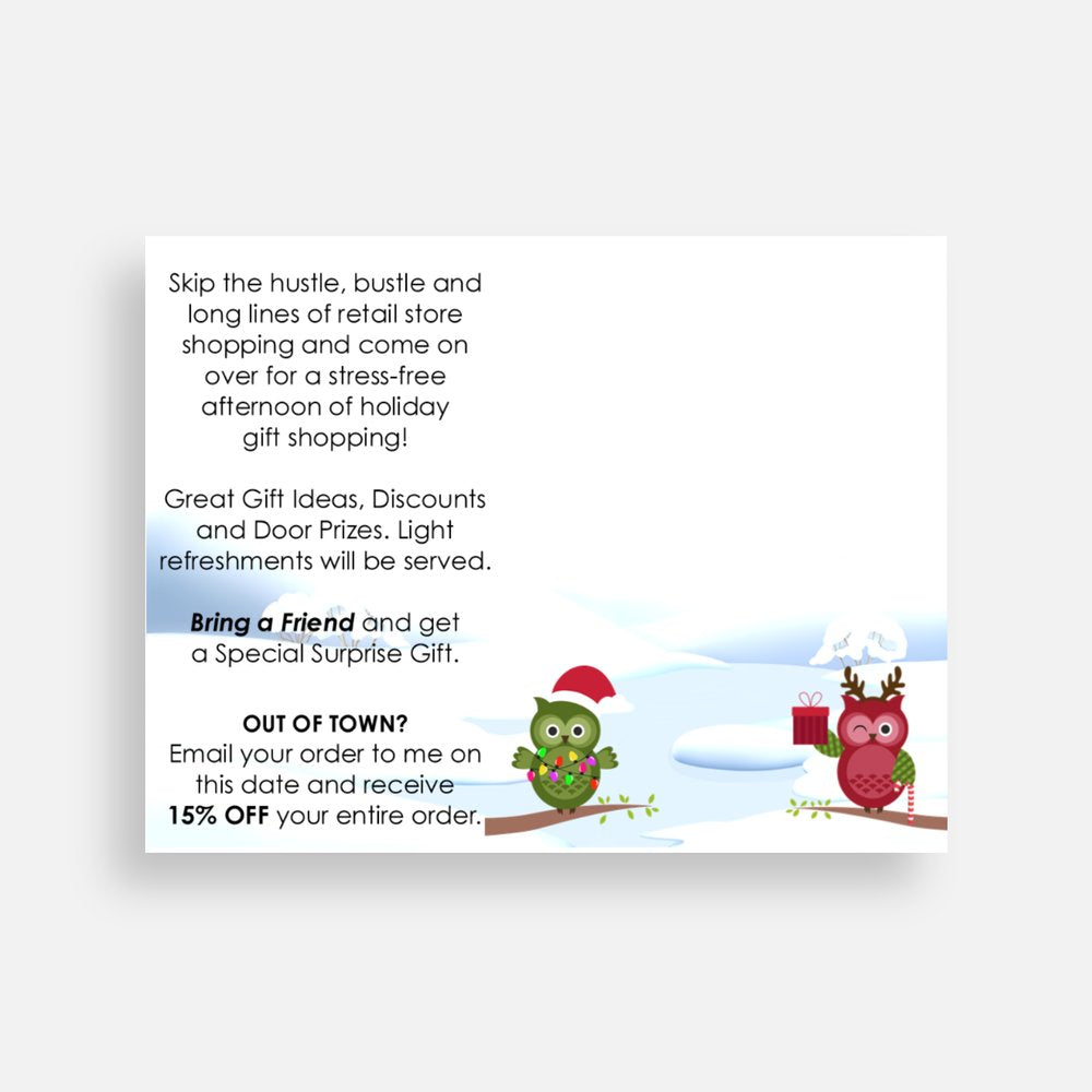 Open House Holiday Post cards with cute Owls