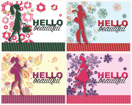 "Hello beautiful" reminder postcards in 4 seasonal styles